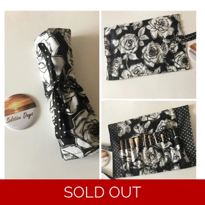 Black Roses Make Up Brush Roll,Handmade  Storage Case, Floral Lip Pencil Holder, Crochet Hook Case